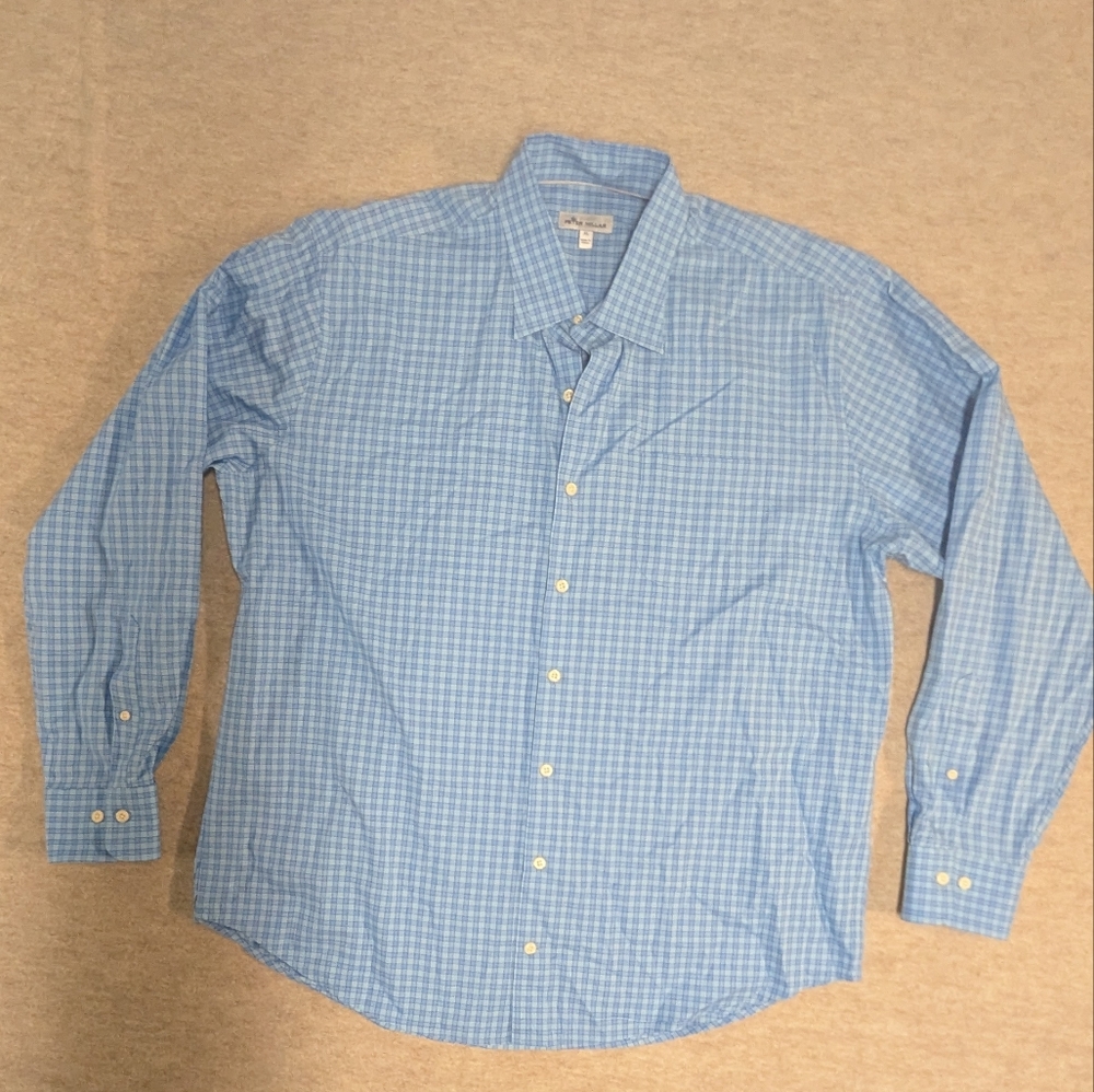 Peter Millar Shades Of Blue Checkered Cotton And Silk Button Down Shirt Size XL